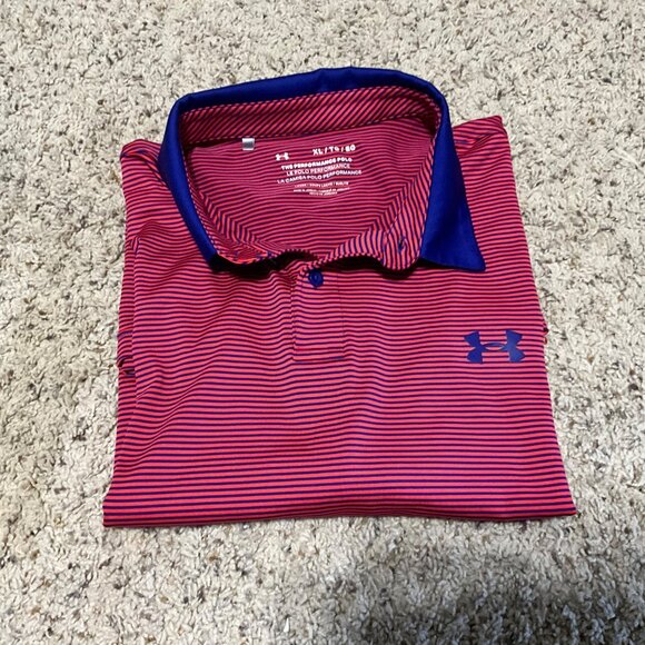 Under Armour Mens XL  TG Red & Blue Striped Polo Shirt With Moisture-Wicking - Picture 11 of 15